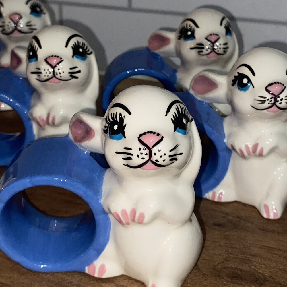 Vintage Bunny Napkin Rings Porcelain 6 Hand Painted Big Eyes Easter 80s Thumper